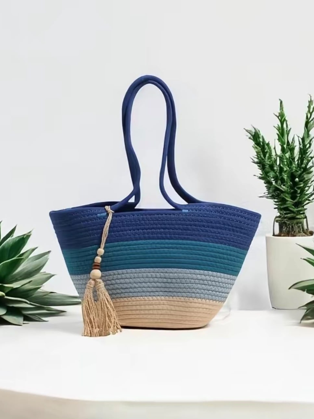 No Boundaries Blue Ombre Striped Tote with Tassel